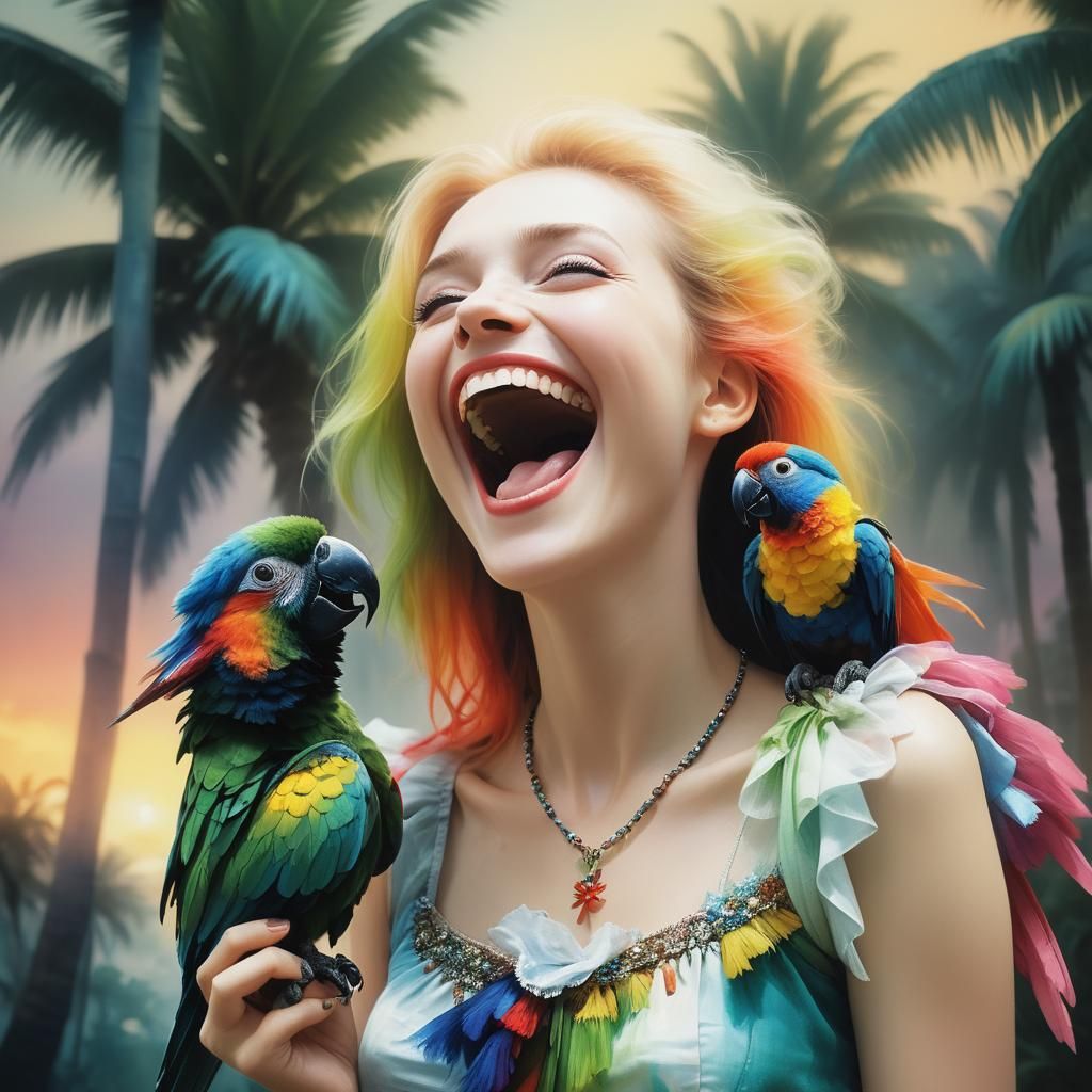 Laughing Woman with Parrot at Sunset: Digital Art