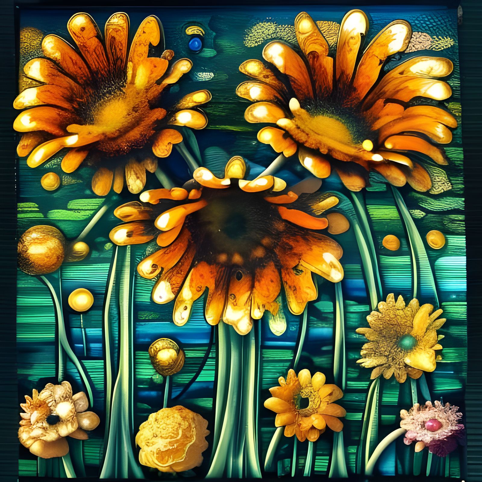 Gothic Stained Glass Rural Scene in Neo-Impressionist Style