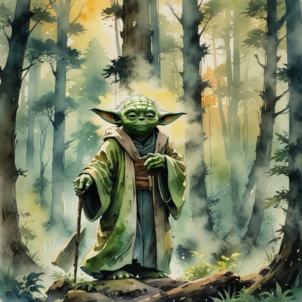Yoda in Misty Forest, Anime Watercolor Style