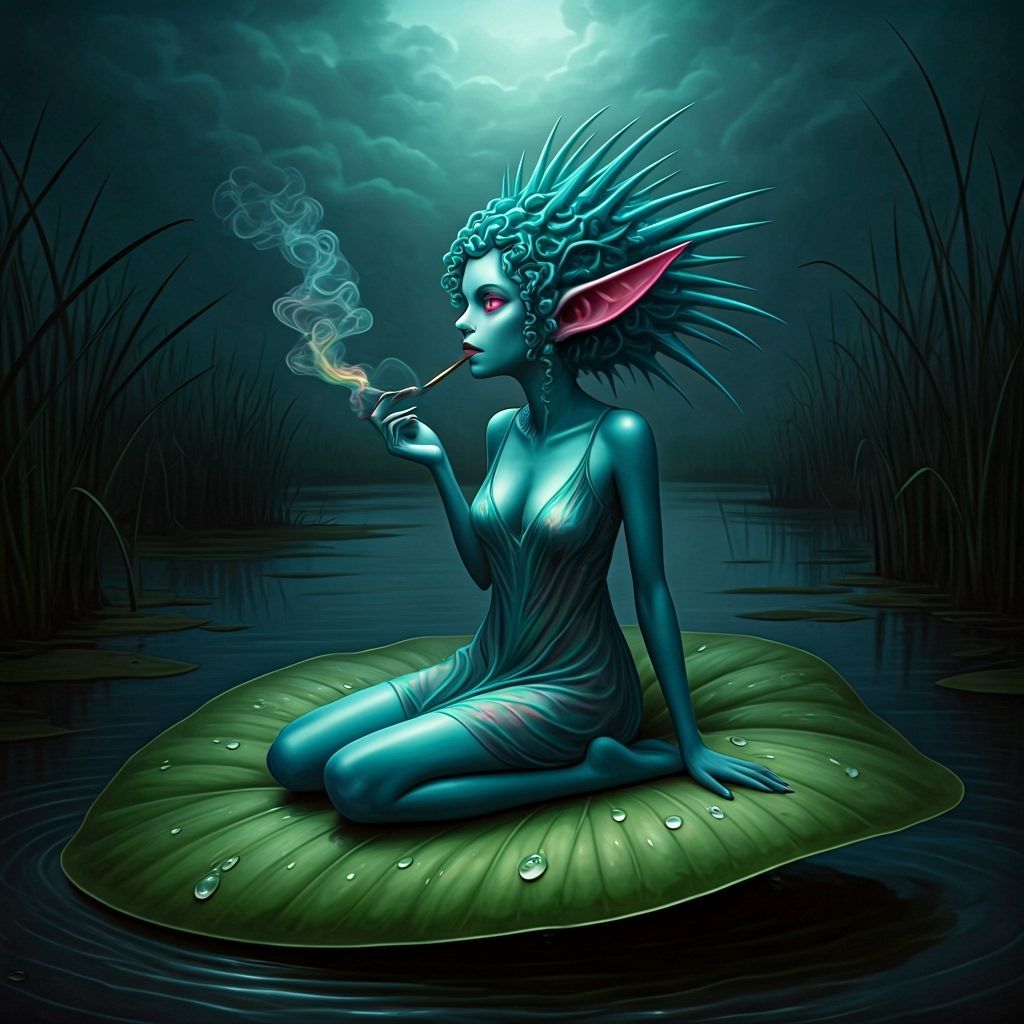 Alien-Elf Hybrid Smoking in Surreal Marshland, as Oil Painti...