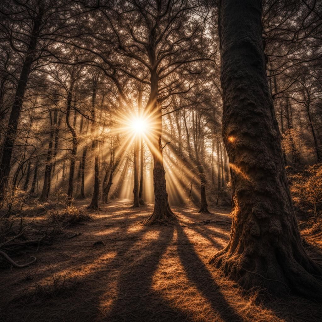 Sun Shines Through Forest in Hyperrealistic Photo