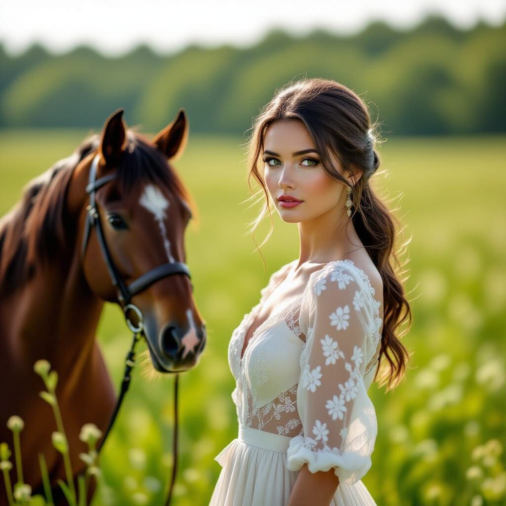 Elegant Woman and Horse in Meadow, Fashion Photography