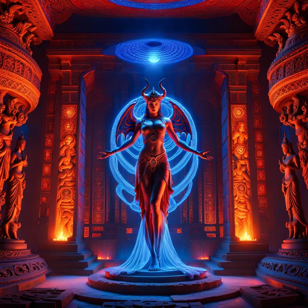 Holographic Demon Goddess Floats in Ancient Chamber