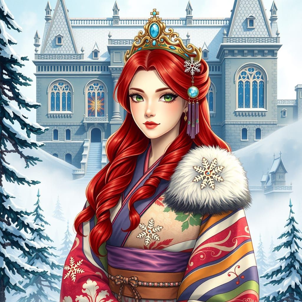 Majestic Japanese Winter Goddess in Dreamy Watercolor Style