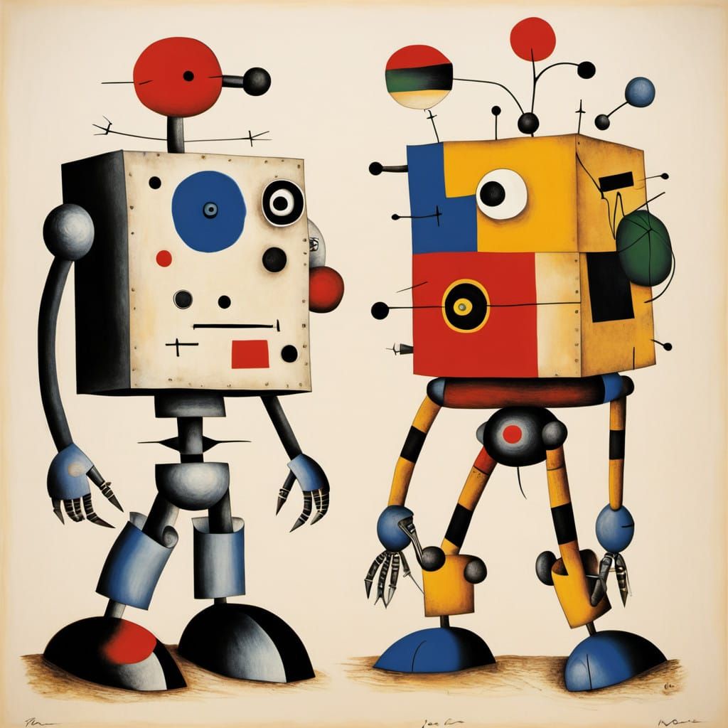 Surrealist Robot Dances in Vibrant Abstraction