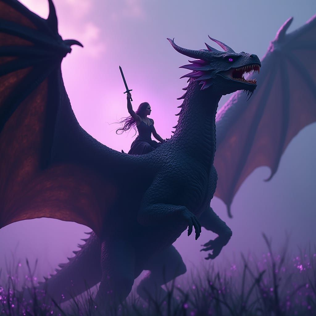 Woman Rider on Massive Dragon with Swirling Runes