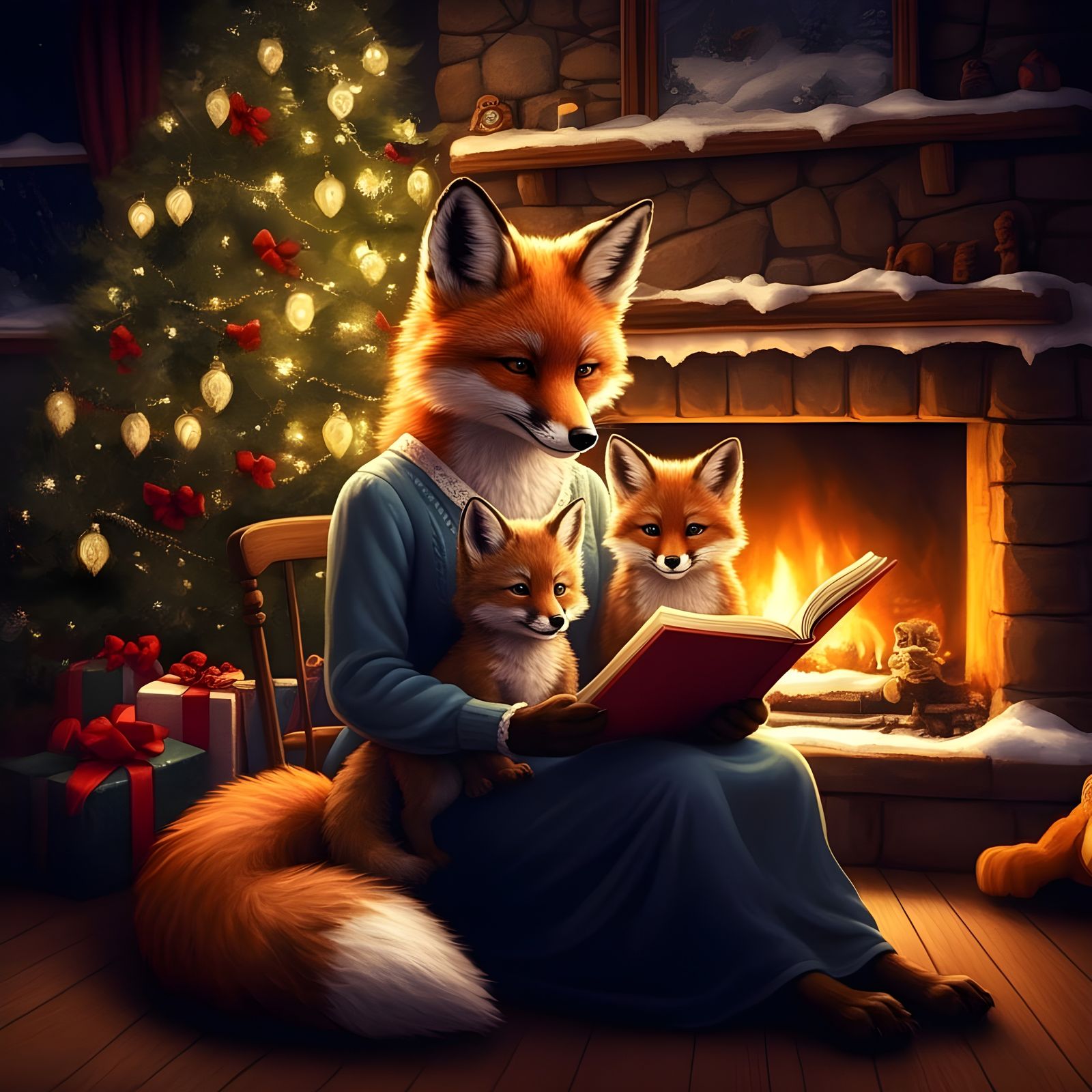 A Cozy Christmas Scene of a Fox Mother Reading to Her Kits