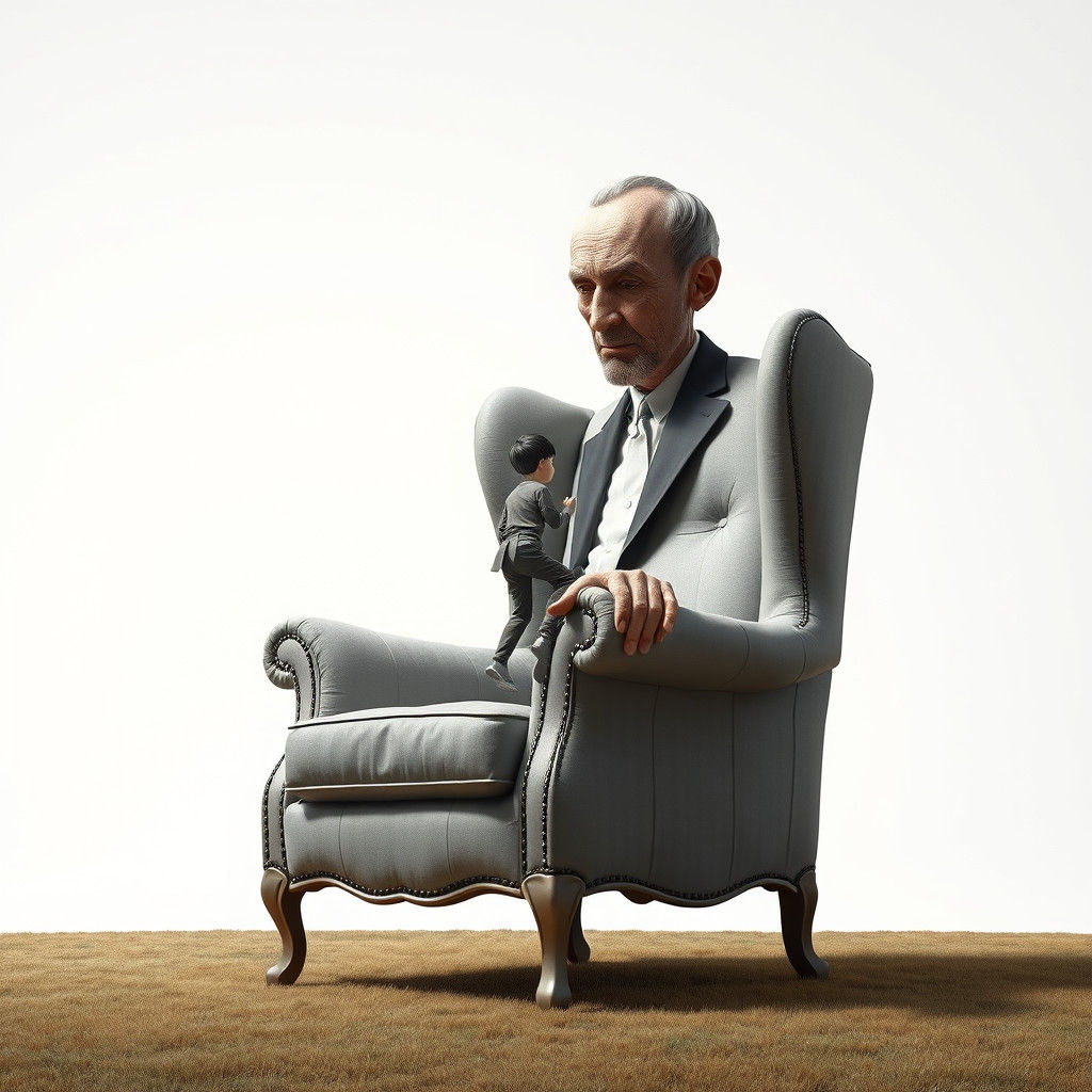 Miniature Human Climbing a Giant Armchair