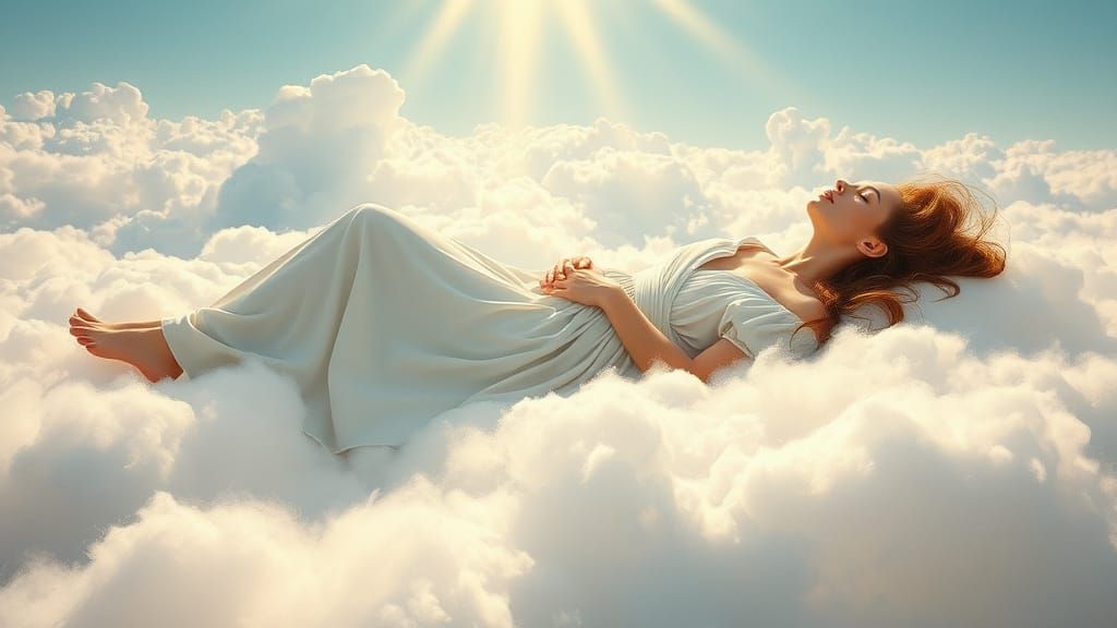 Serene Woman Reclines on Heavenly Sea of Clouds
