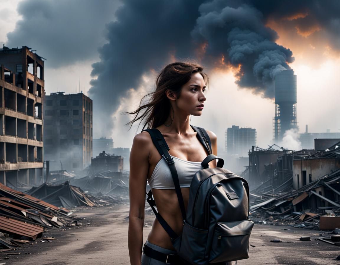 Stalker Girl in Dilapidated City: Cinematic Photo Realism