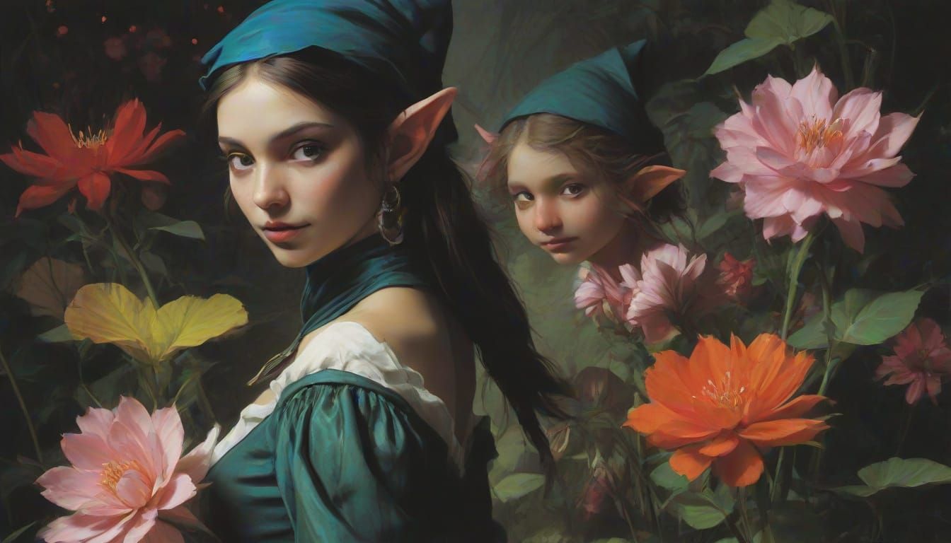 Elf Wood with Strange Flowers in Oil Painting Style