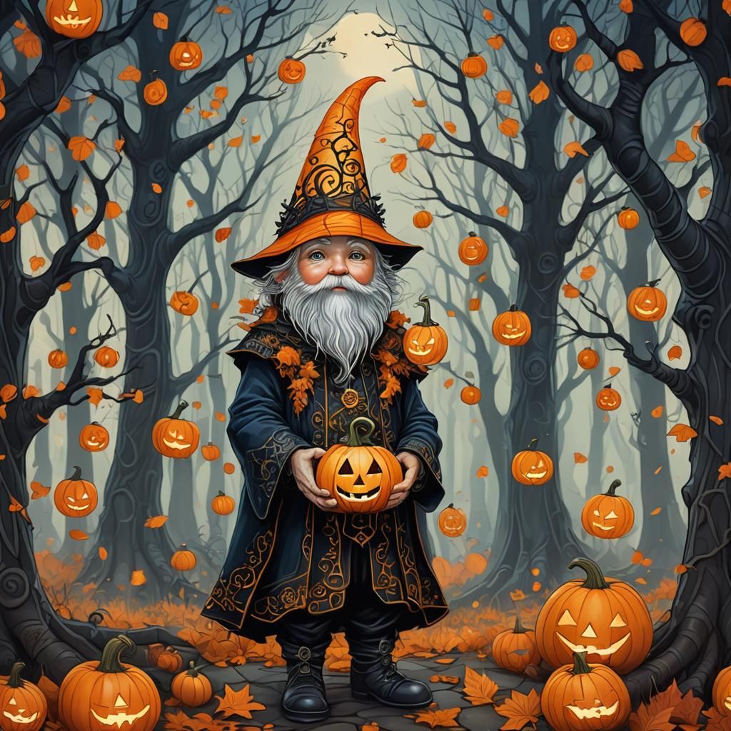 Chibi Halloween Gnome in Gothic Forest, Klimt-Gorey Style