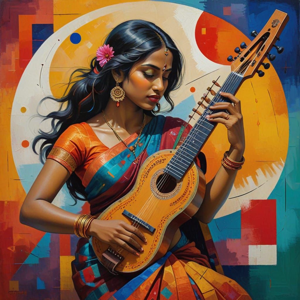 Elegant Tamil Woman Plays Sitar Against Abstract Background