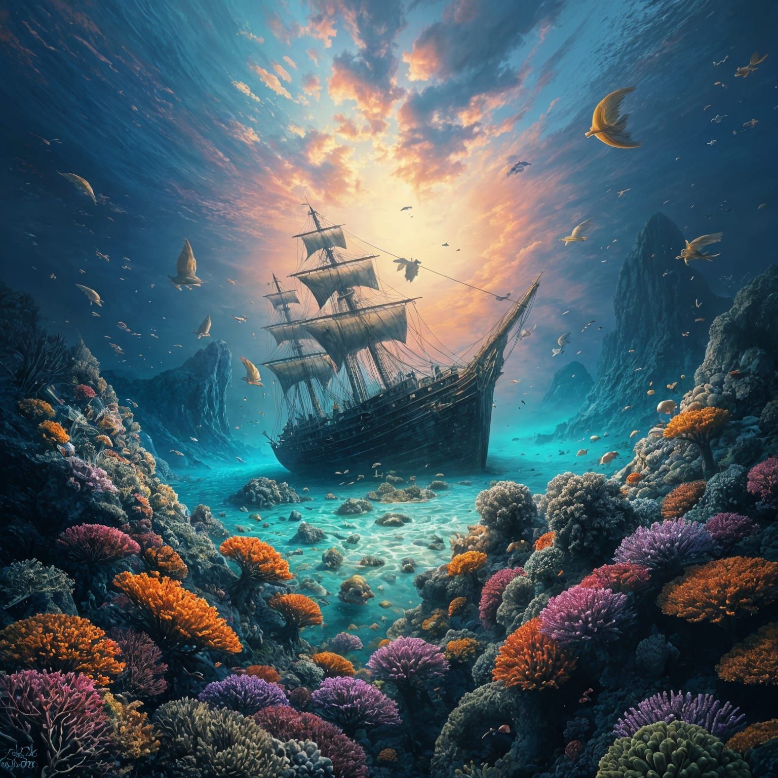 Sunken Pirate Ship with Coral Reef, Impressionistic Art