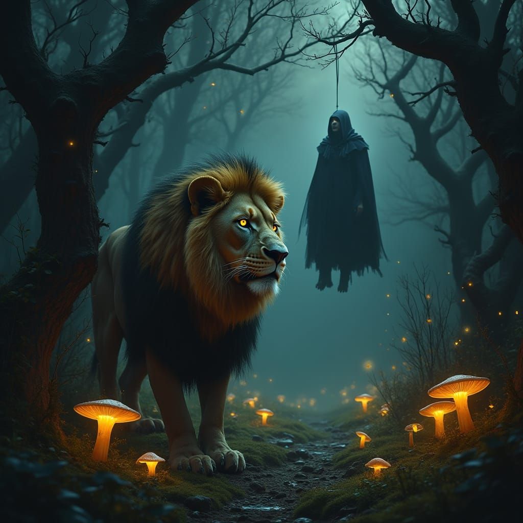 Majestic Lion Reigns Over Dark, Twisted Forest in Mysterious...