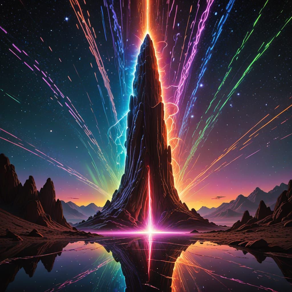 A mesmerizing psychedelic light artwork of an alien monolith...