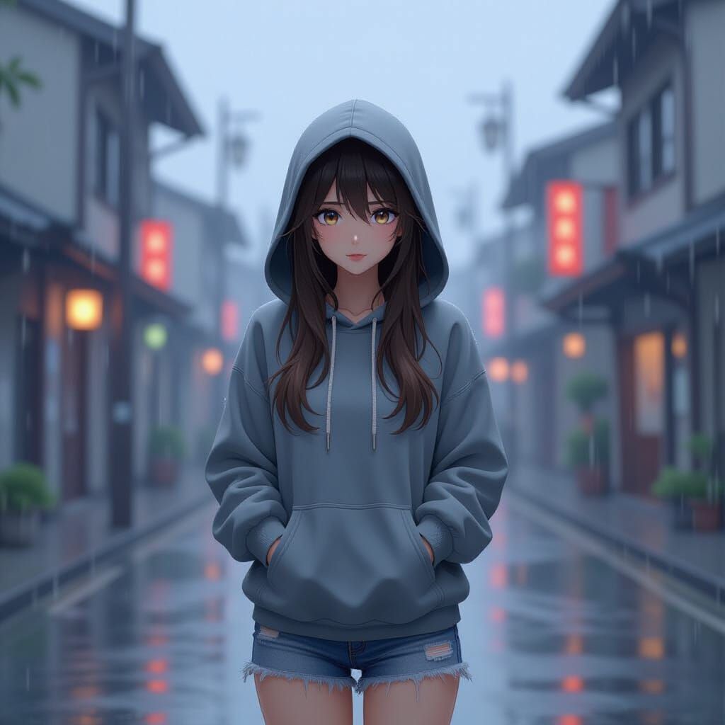 Drenched Woman in Rain, 3D Anime Art
