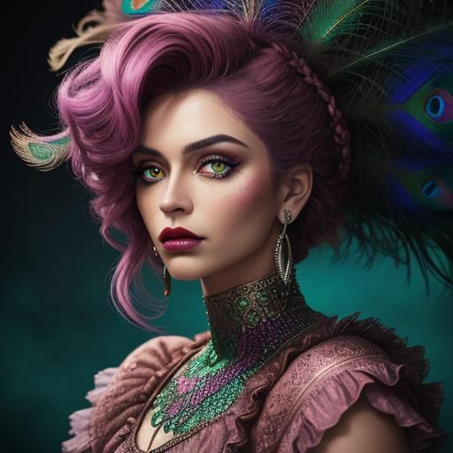Peacock Haired Woman Portrait in Hyper-Realistic Style