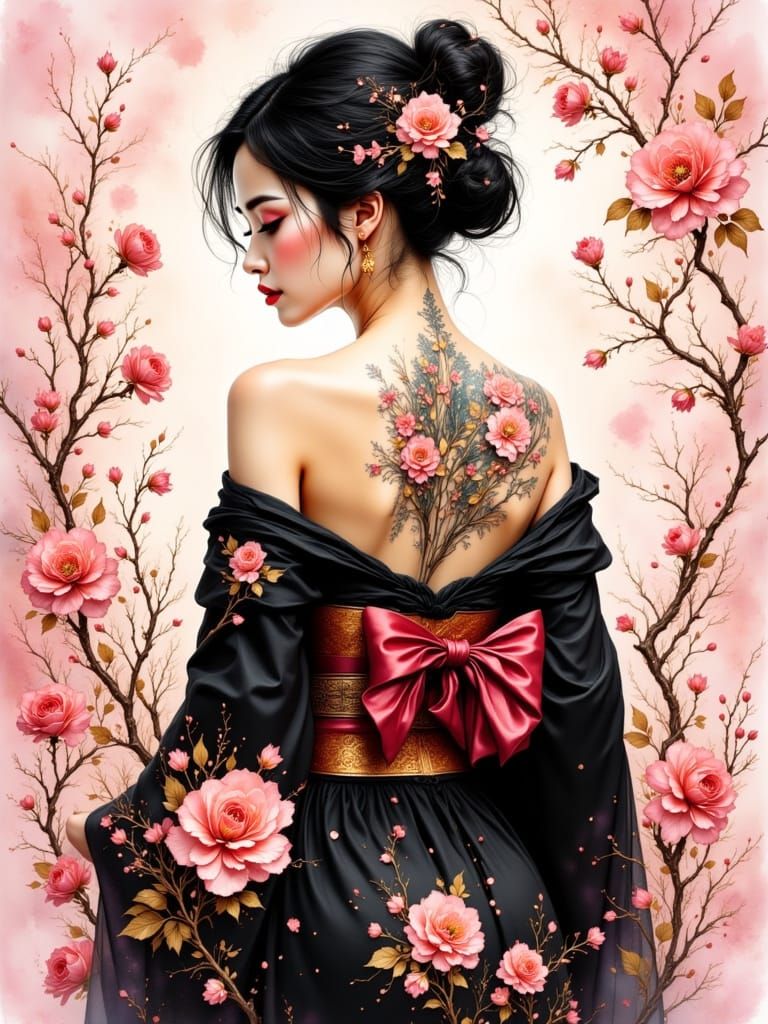 Asian Woman with Floral Tattoo in Kimono