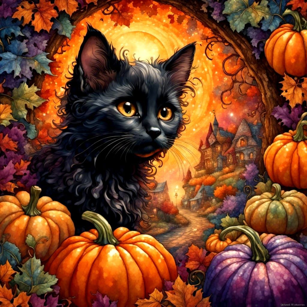 Fuzzy Kitten Peeks Out of Pumpkin Patch