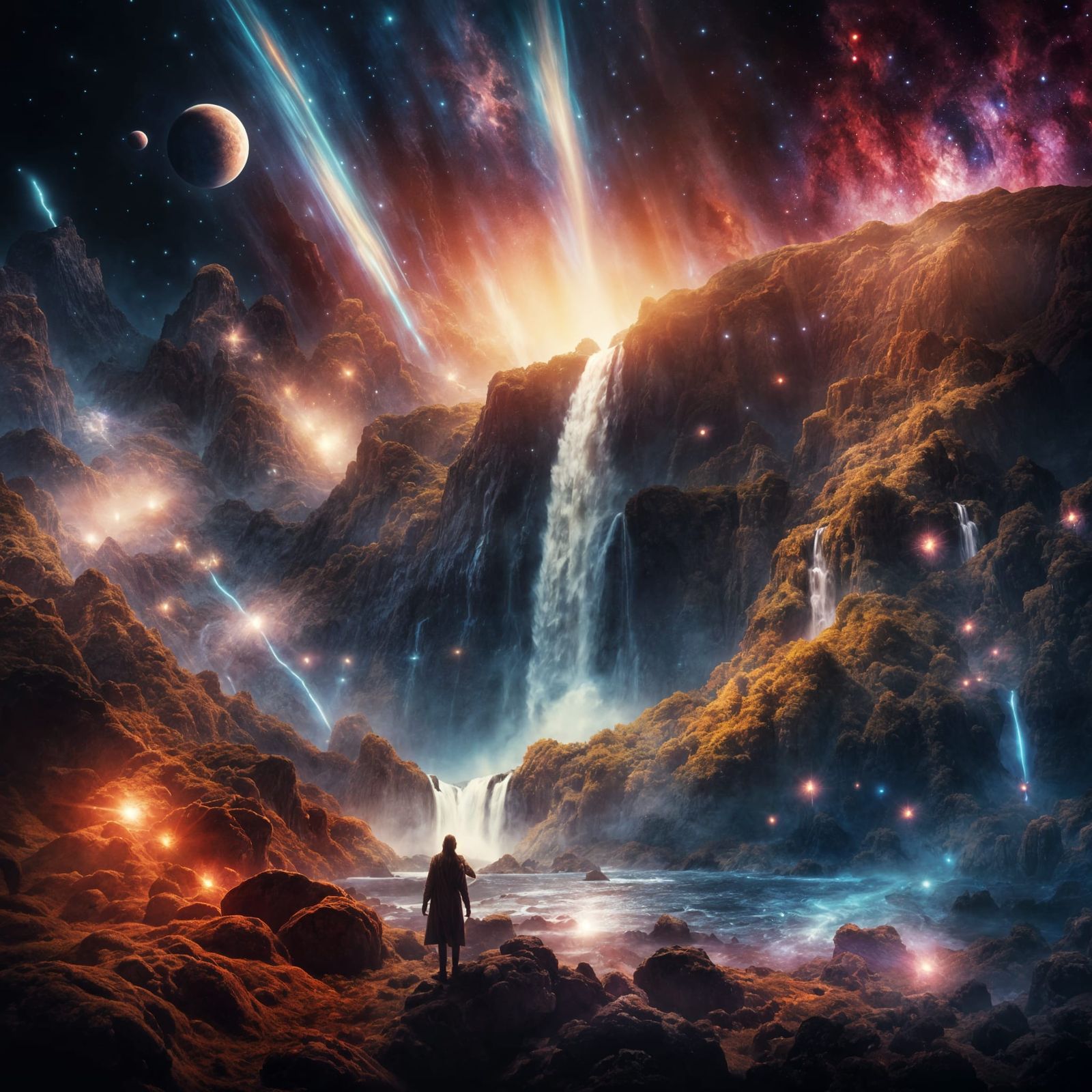 Cosmic Waterfall Flowing into Space in Film Style