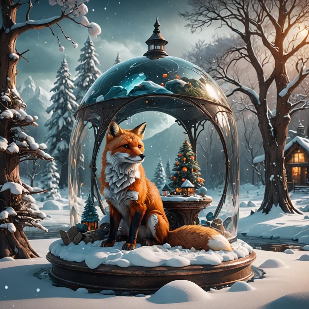 Fox on Snowman Near Dome in Digital Art Style
