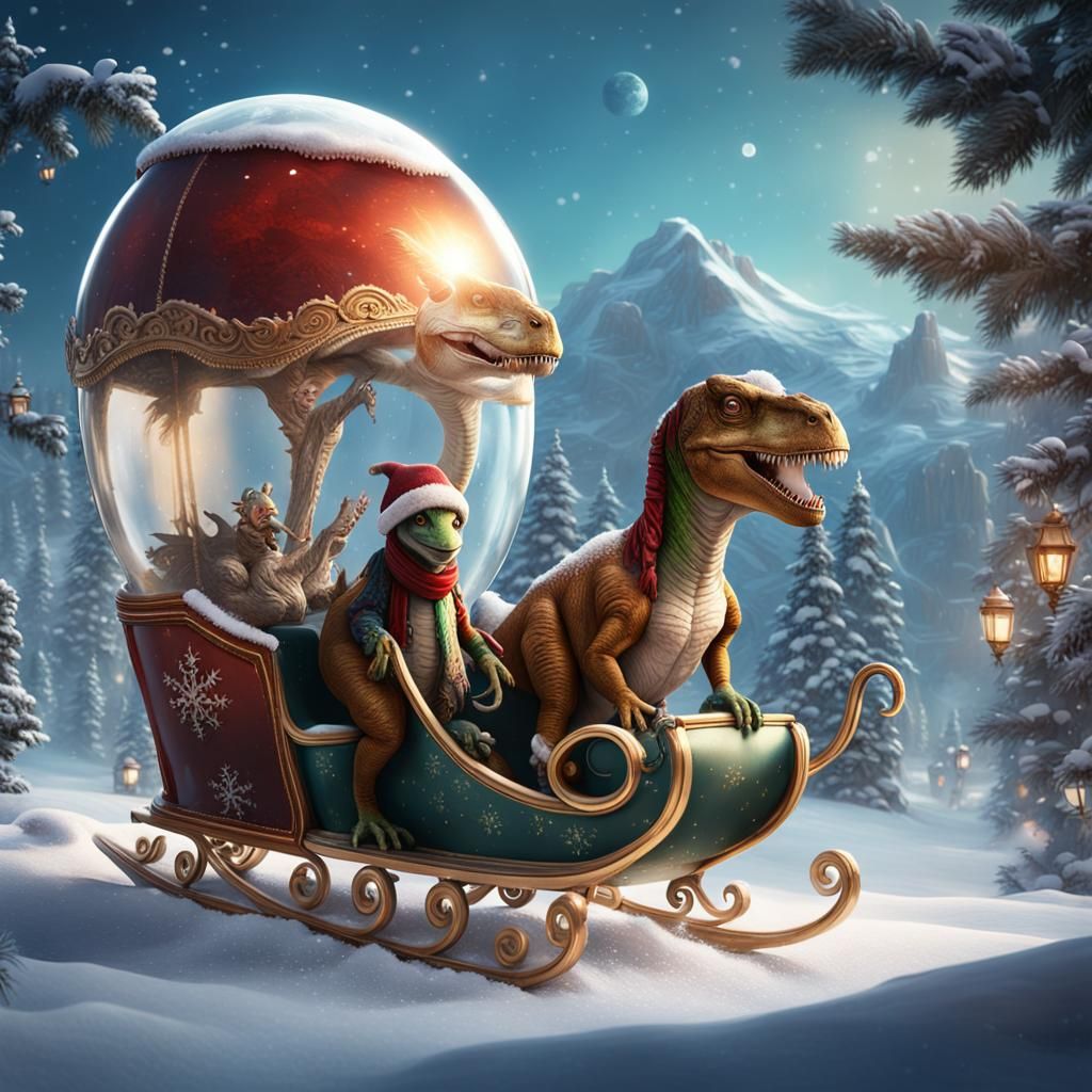 Dinosaurs Ride a Sleigh in Snow Globe