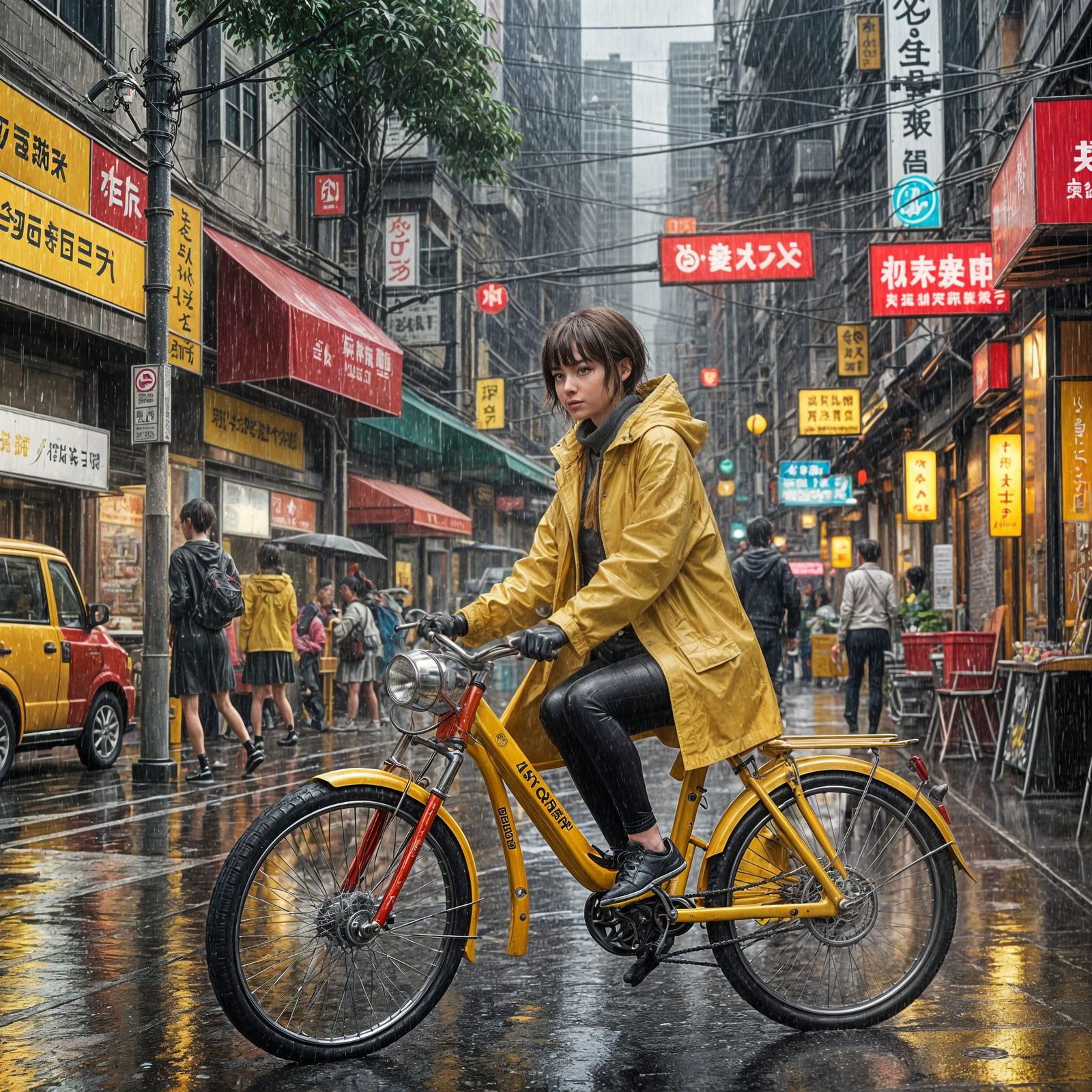 It's raining outside heavily water droplets shining and landing on the ground. A girl in yellow raincoat with short frin...