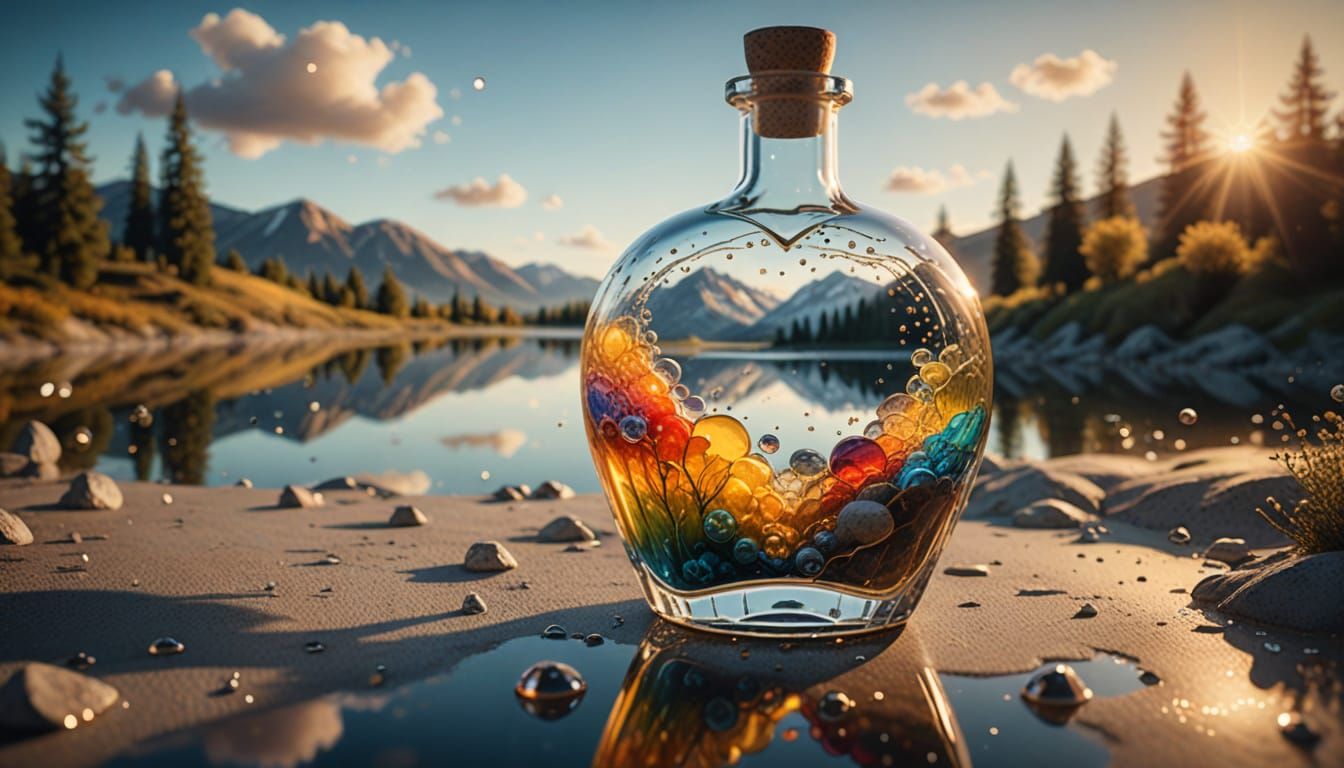 Surrealist Masterpiece in a Golden Hour Glass Bottle