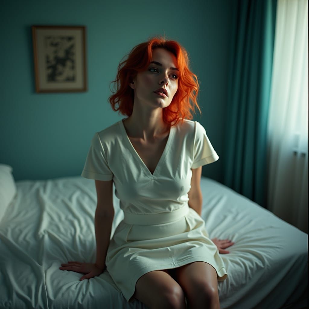 Cinematic Film Still of Redhead Nurse on Bed