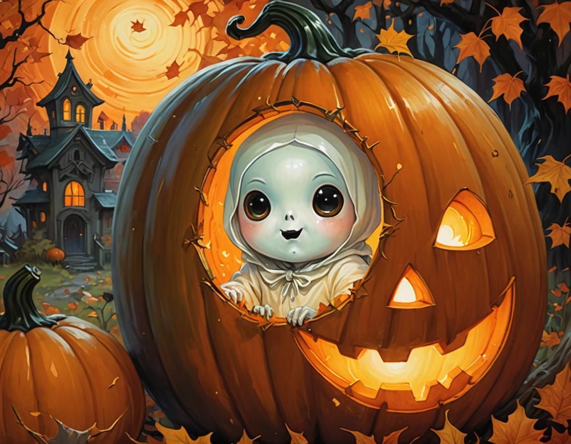 Spooky Chibi Ghost Portrait in Harvest Colors