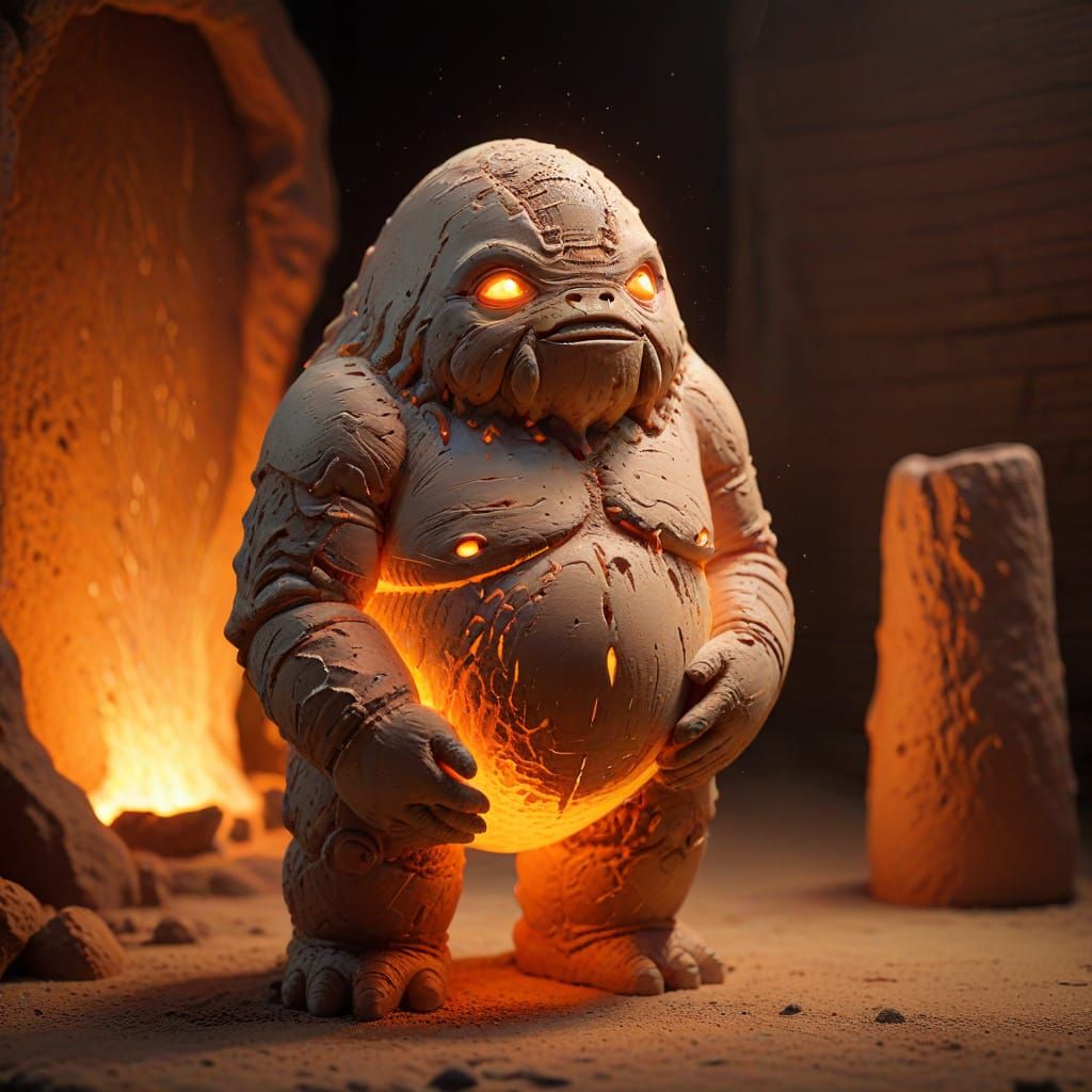 Giant Clay Golem in Kiln with Wet Texture