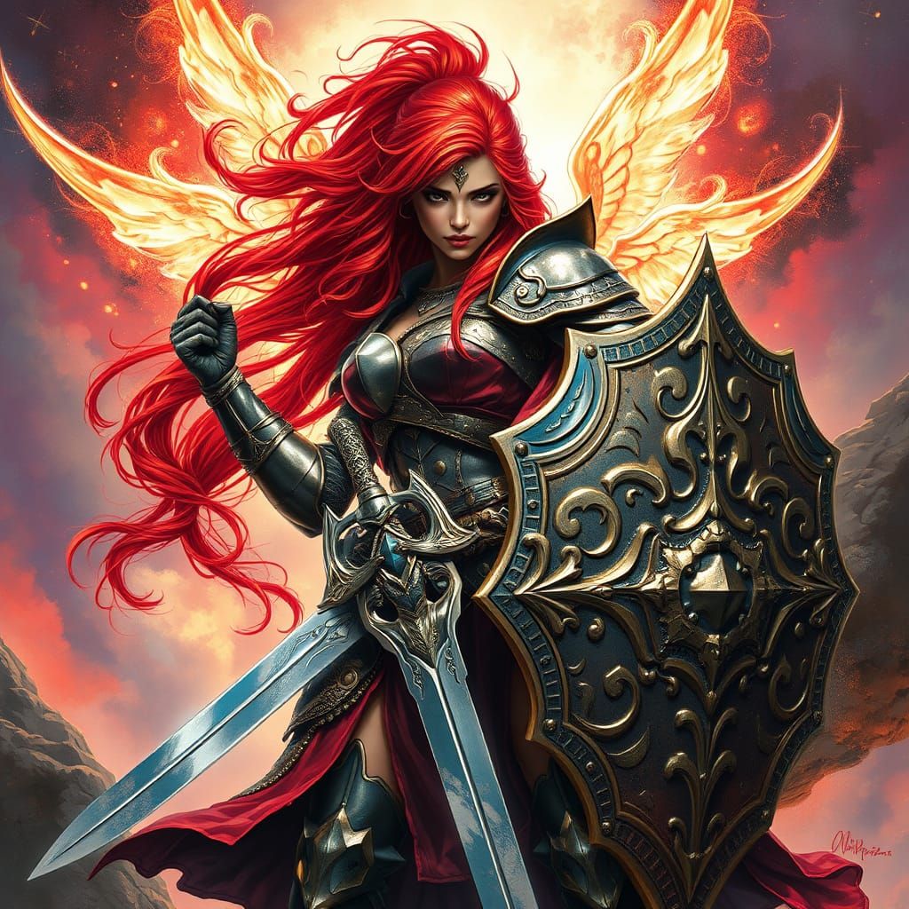 Fierce Lady Knight Radiates Ethereal Energy in Vibrant Armor