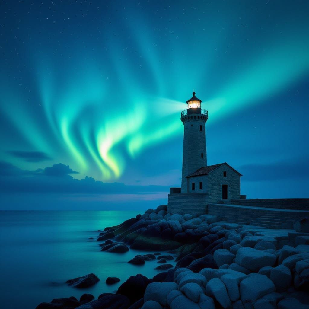 Ancient Italian Lighthouse Under Aurora Sky