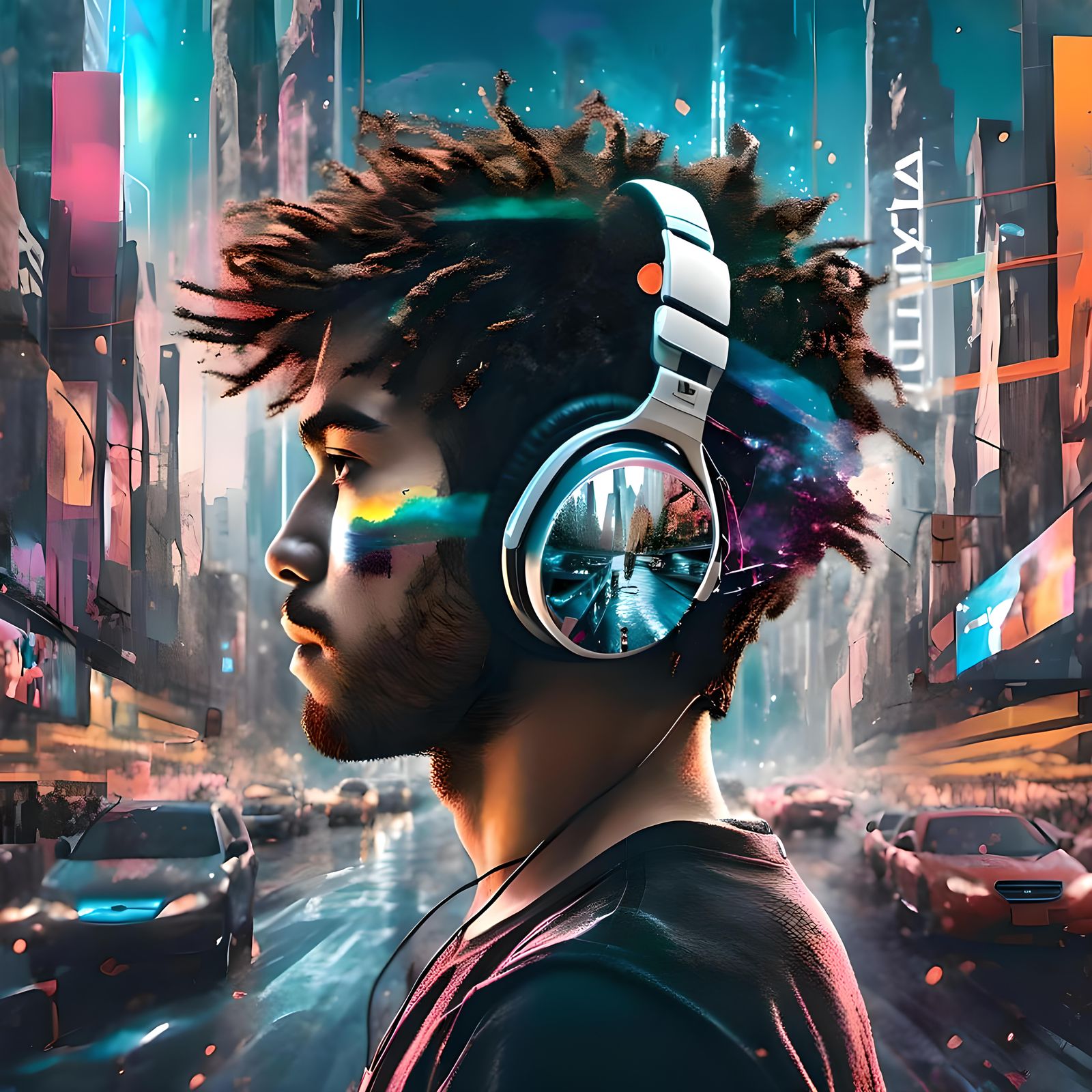 <lora:Muted Rainbow:1.0> Double exposure photo of a young gu...