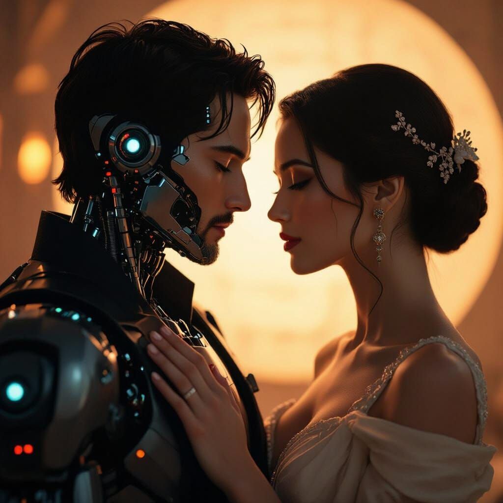 Cinematic Romance: Woman and Cyborg in Futuristic Glow