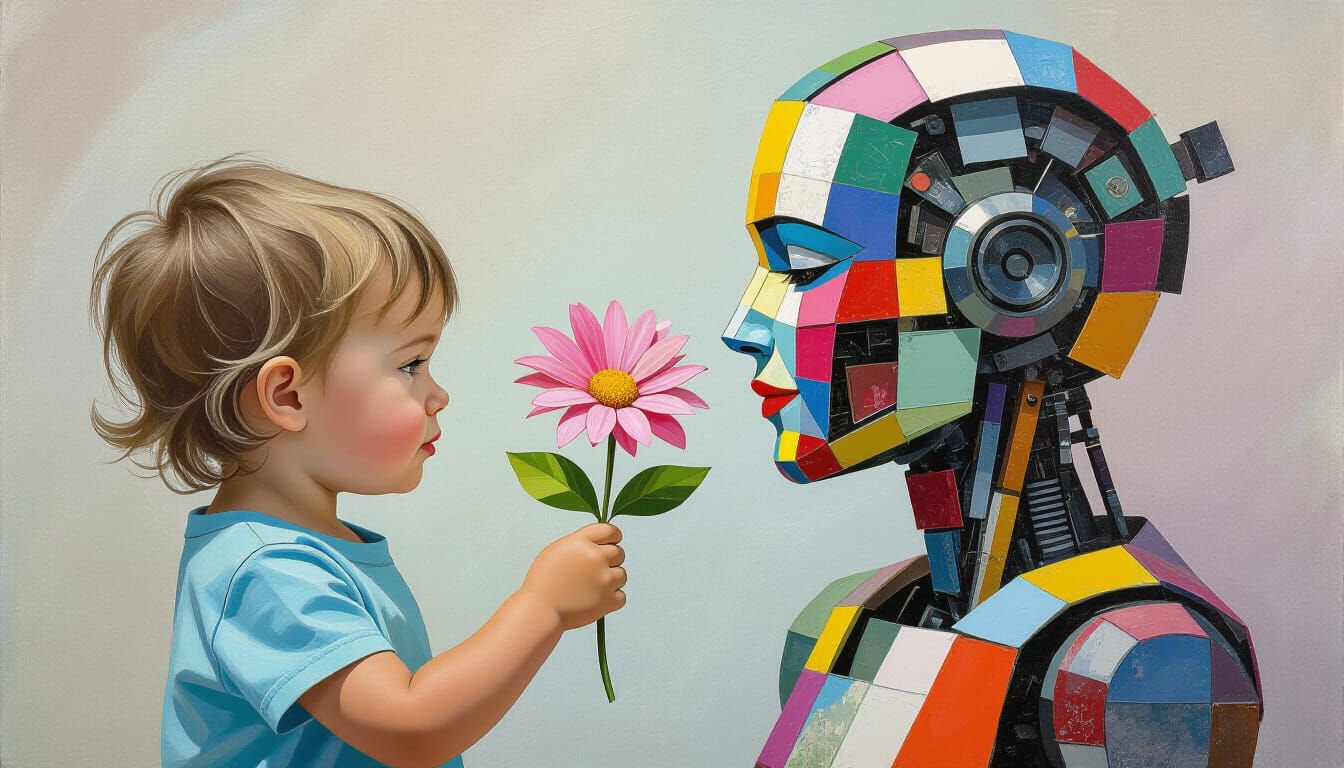 Child Offers Flower to Scrap Robot in Mixed Media Portrait