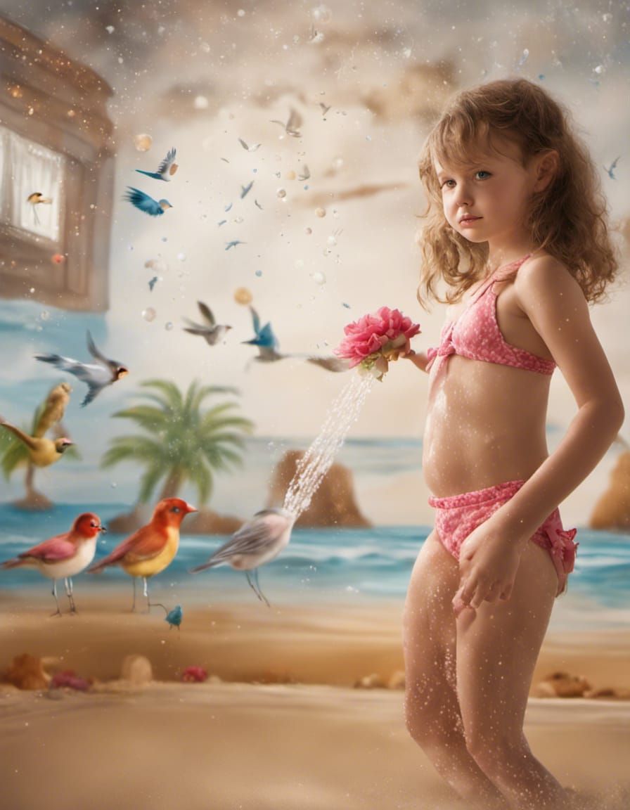 Photorealistic Girl's Beach Shower: Professional Photography