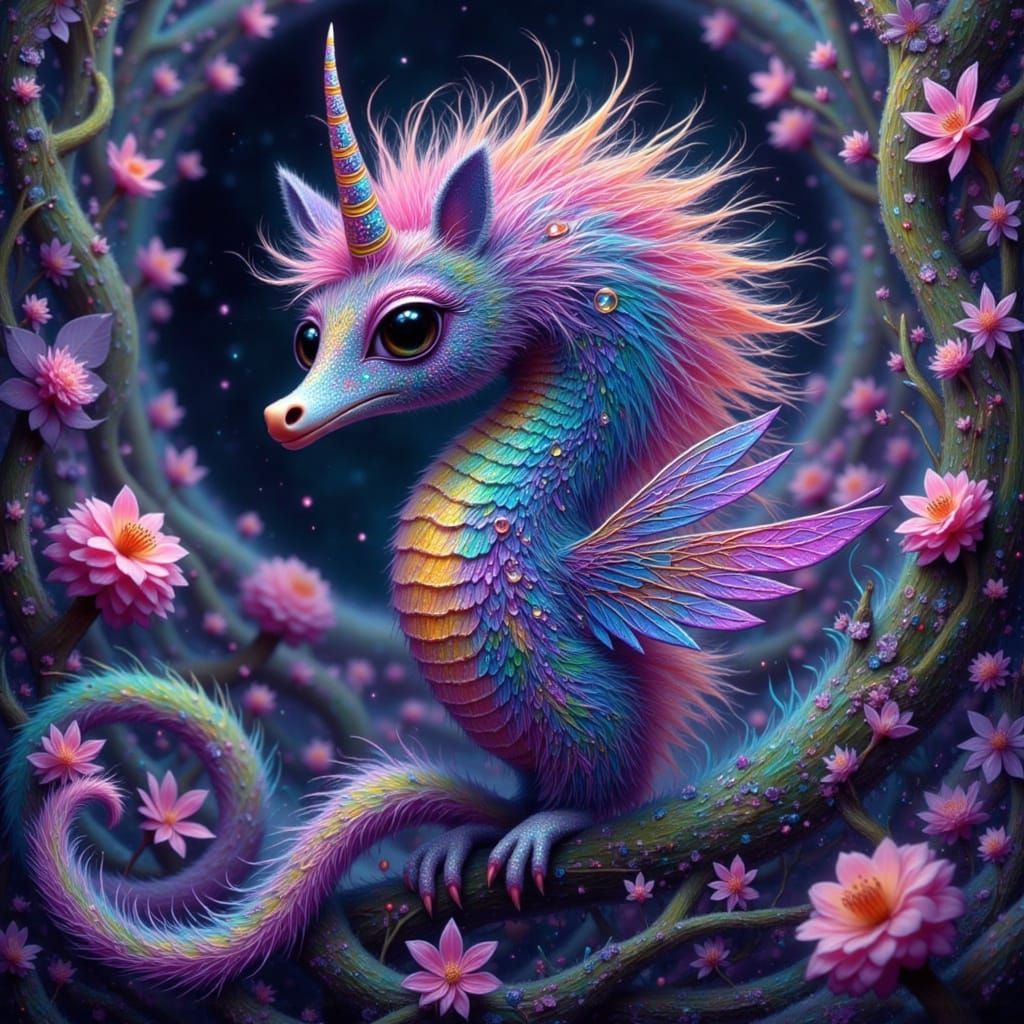 Rainbow Seahorse in Bioluminescent Cave, Dreamy Art