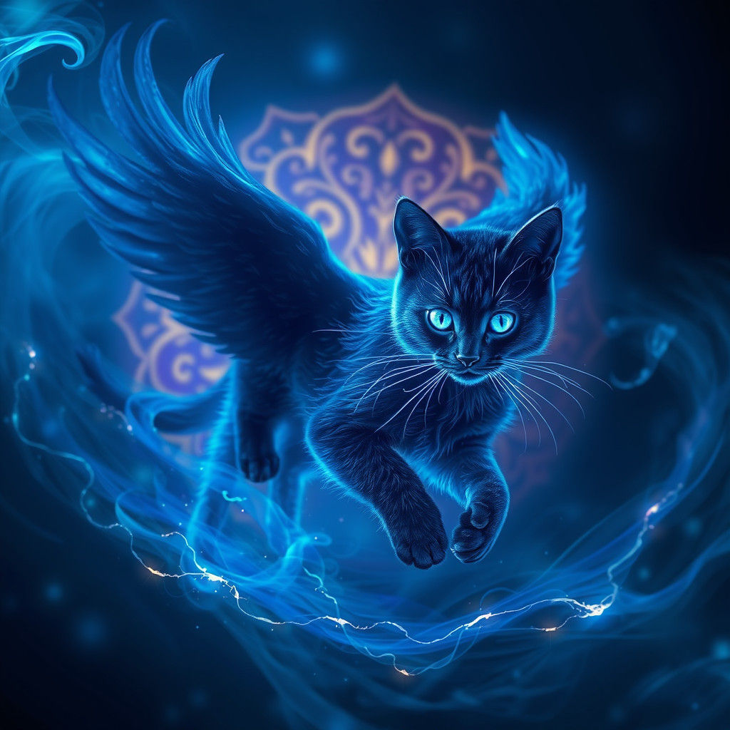 Electro Flying Cat in Dark Fantasy Scene