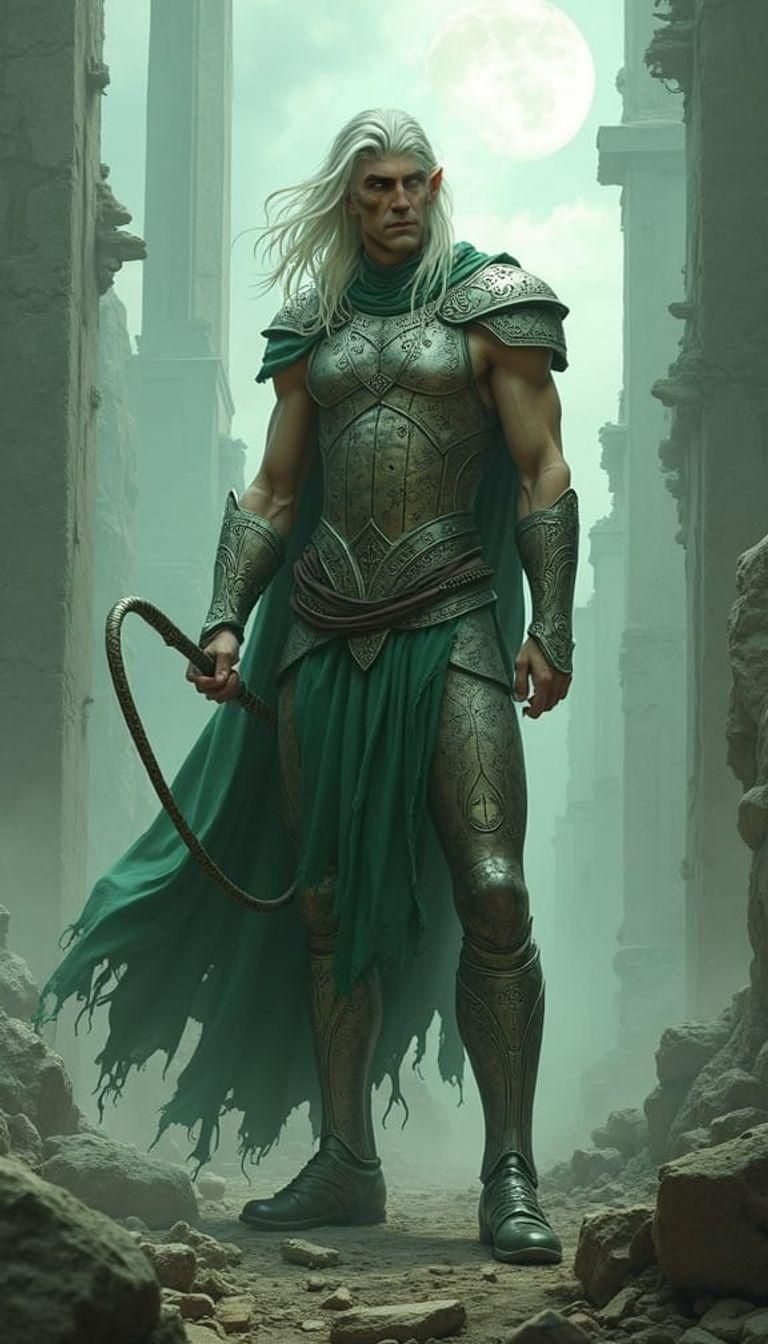 Ancient Elf Warrior Stands Tall in Ruined City