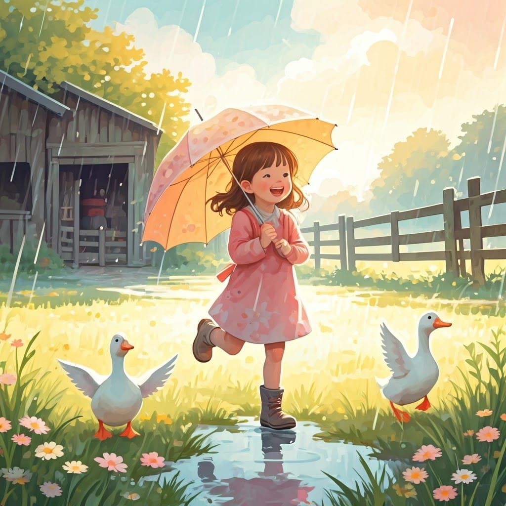 Delicate Watercolor of Girl Playing in Rainy Farmyard