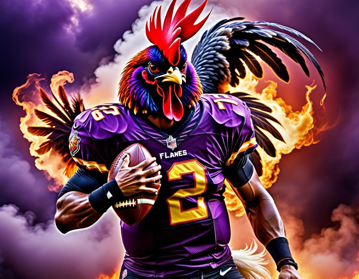 Aggressive Quarterback Charges with Rooster in Fiery Storm