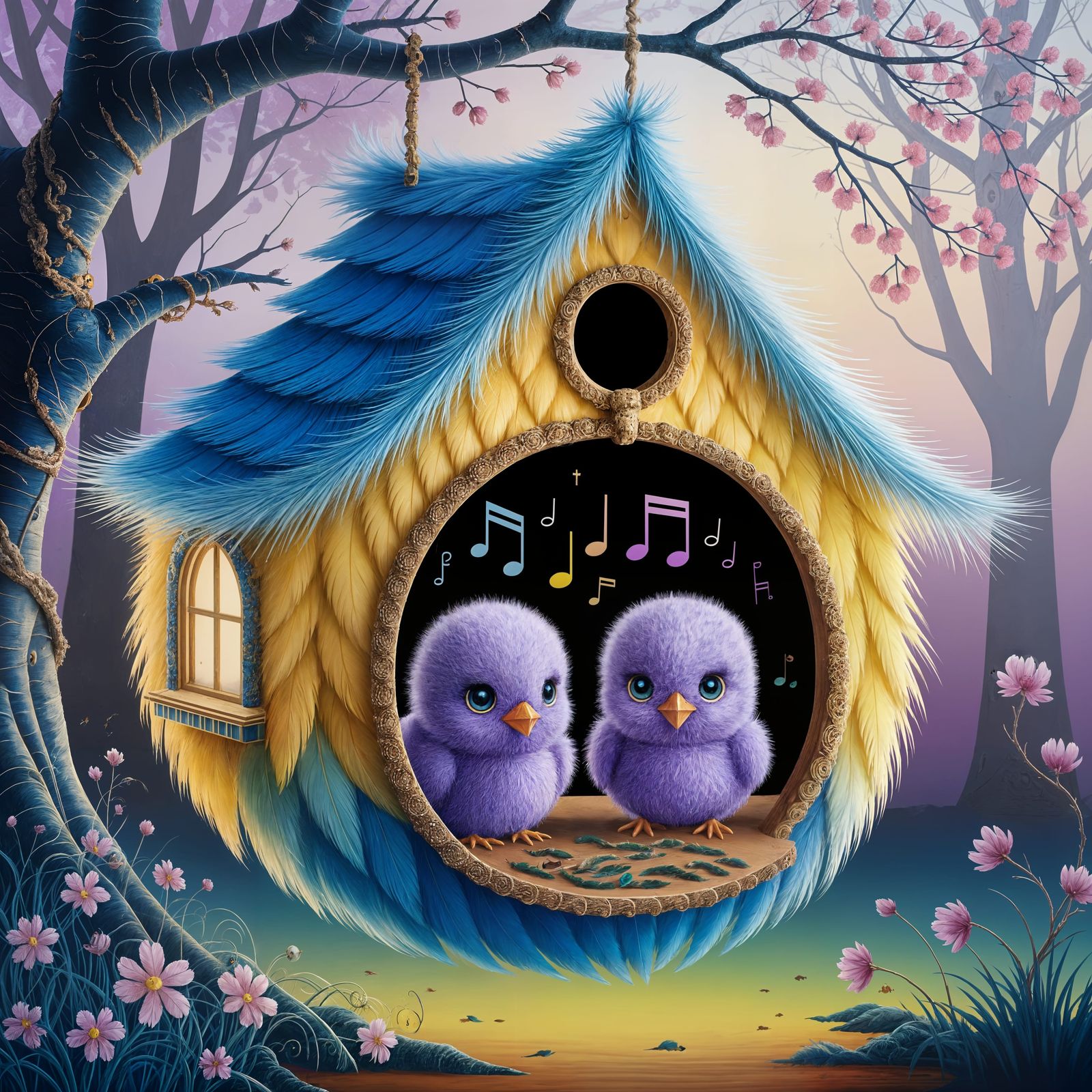 Feather Birdhouse in Enchanted Forest: Impressionist Art