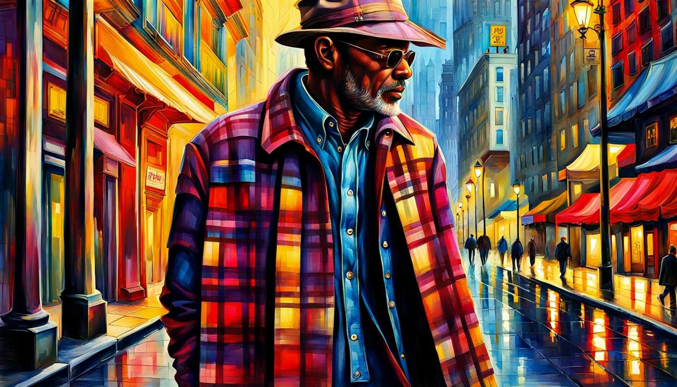 Plaid Faced Man Walking, Vibrant Digital Illustration