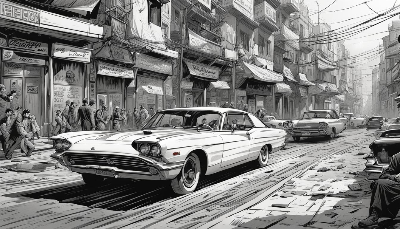 Red Car Chase in Black and White City