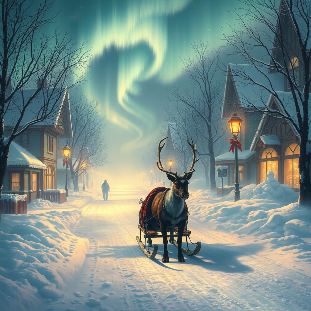 Enchanting Northern Lights Scene with Reindeer Sled