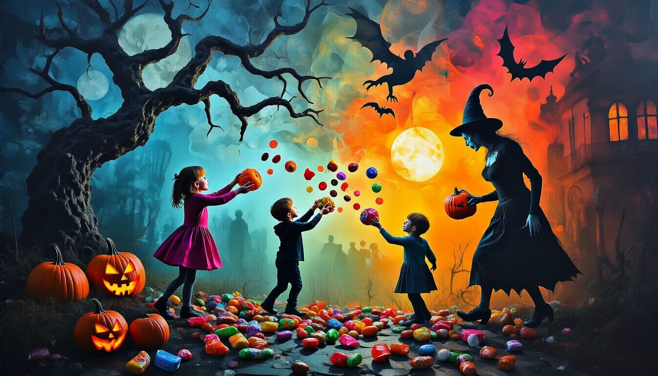 Halloween Candy Chaos: Kids Toss Sweets at Adults in Surreal...