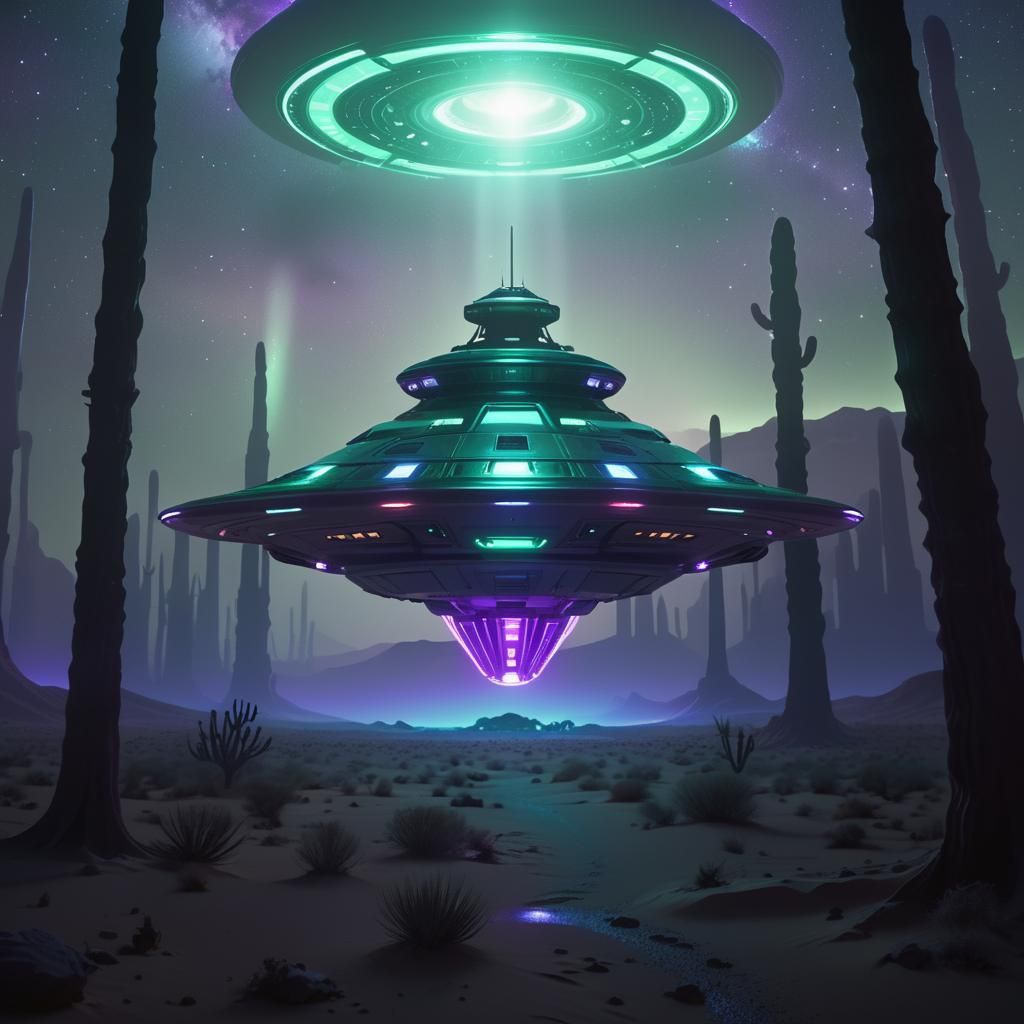 UFO Hovers Over Desert in Sci-Fi Illustration