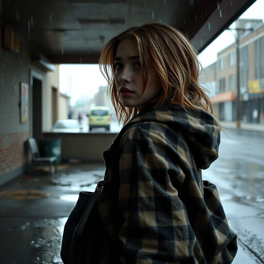 Gothic Young Woman Finds Solace in a Dystopian Downpour
